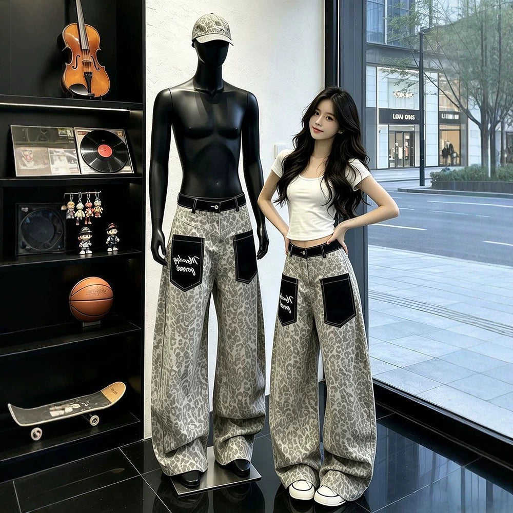 Leopard Print Curved Wide Leg High Waist Baggy Denim Jeans