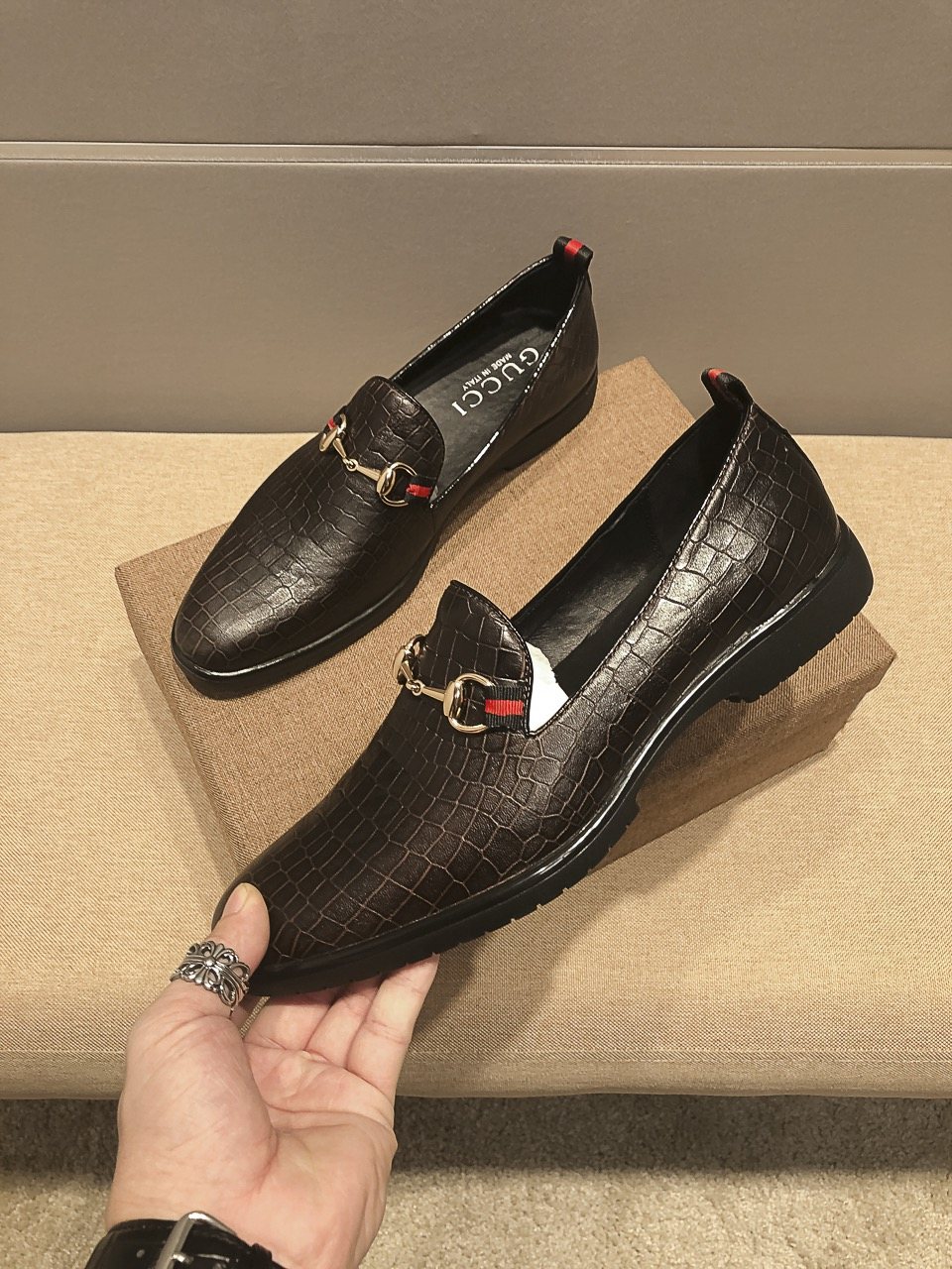 Gucci Black Embossed Horsebit Loafers
